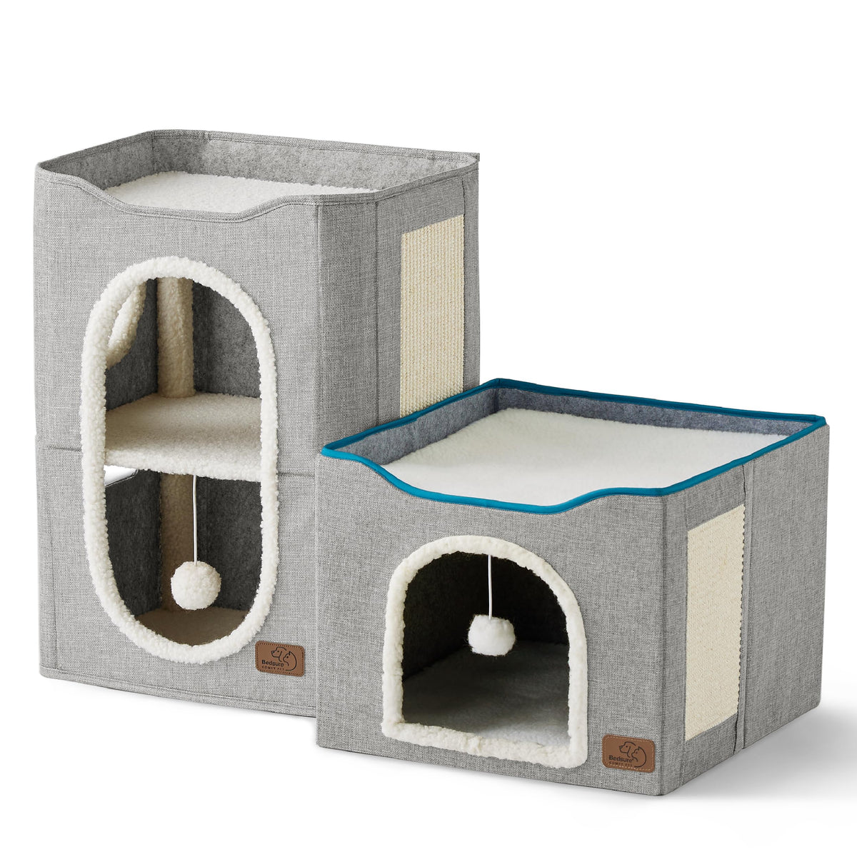 Bedsure Cat House Bed for Indoor Cats with Fluffy Ball and Scratch Pad,Grey