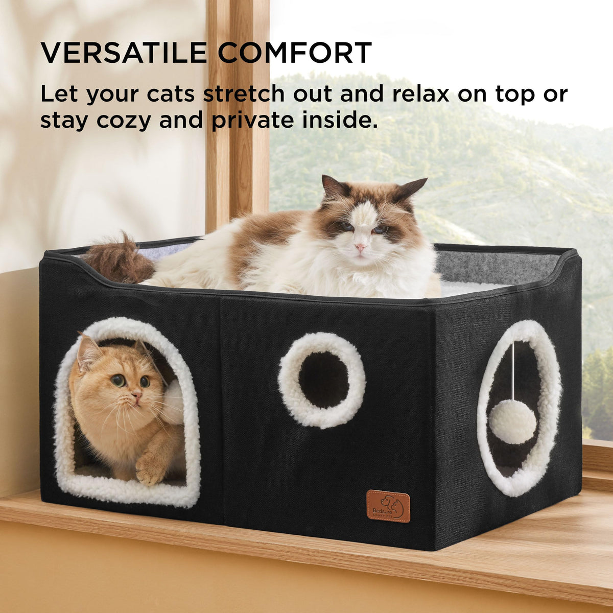 Bedsure Cat House Bed for Indoor Cats with Fluffy Ball and Scratch Pad,Grey