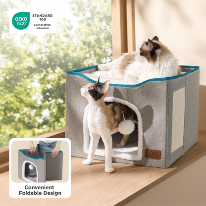 Bedsure Cat House Bed for Indoor Cats with Fluffy Ball and Scratch Pad,Grey