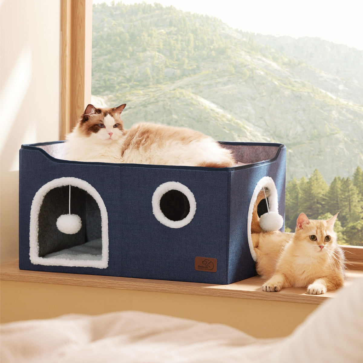 Bedsure Cat House Bed for Indoor Cats with Fluffy Ball and Scratch Pad,Grey