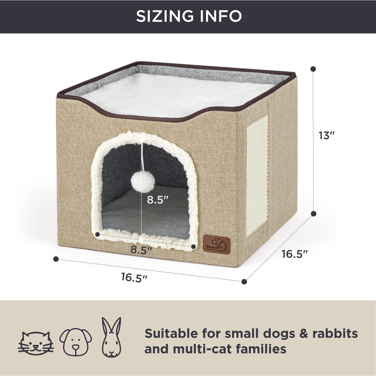 Bedsure Cat House Bed for Indoor Cats with Fluffy Ball and Scratch Pad,Grey