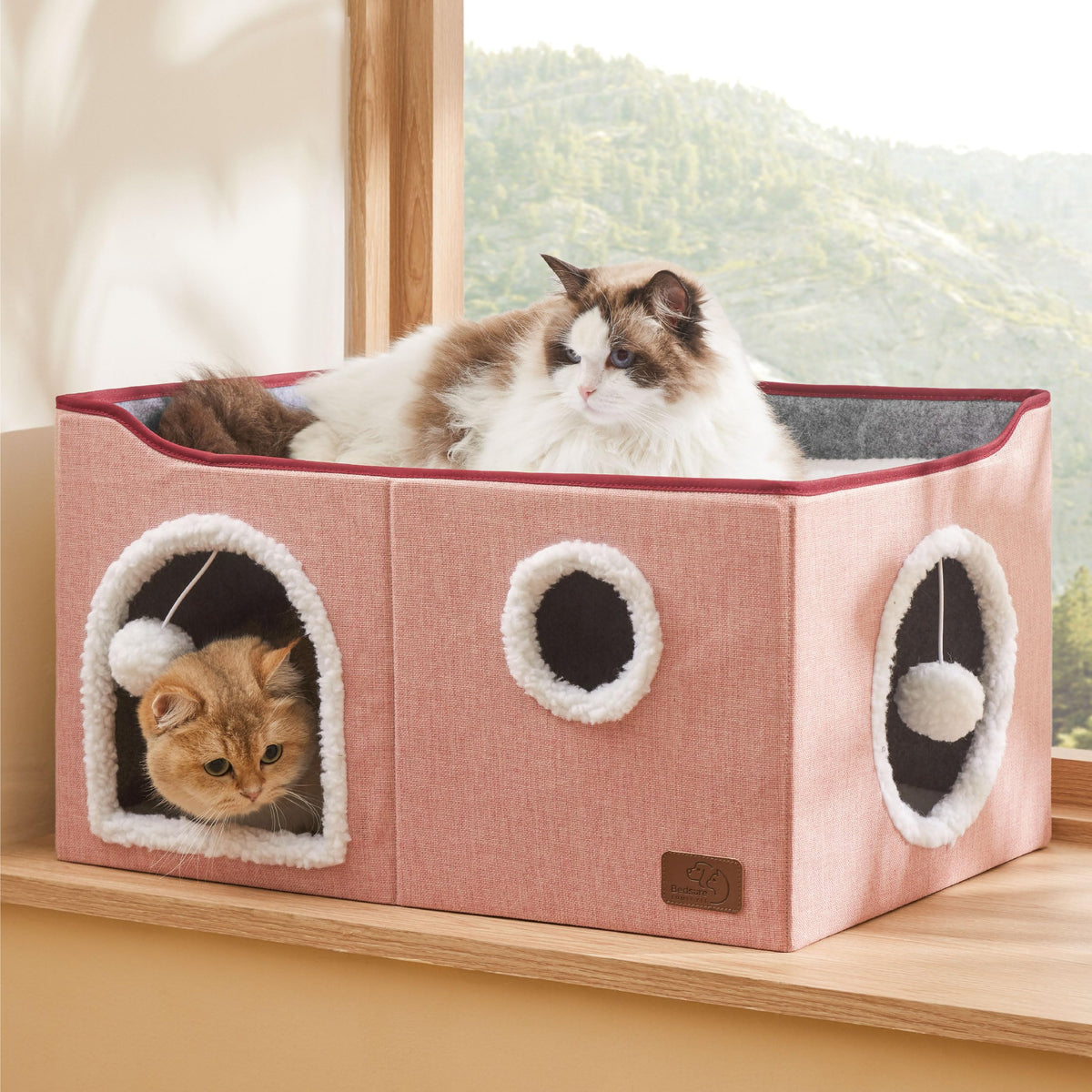 Bedsure Cat House Bed for Indoor Cats with Fluffy Ball and Scratch Pad,Grey