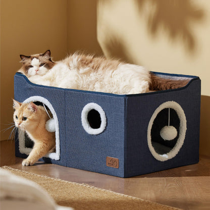 Bedsure Cat House Bed for Indoor Cats with Fluffy Ball and Scratch Pad,Grey