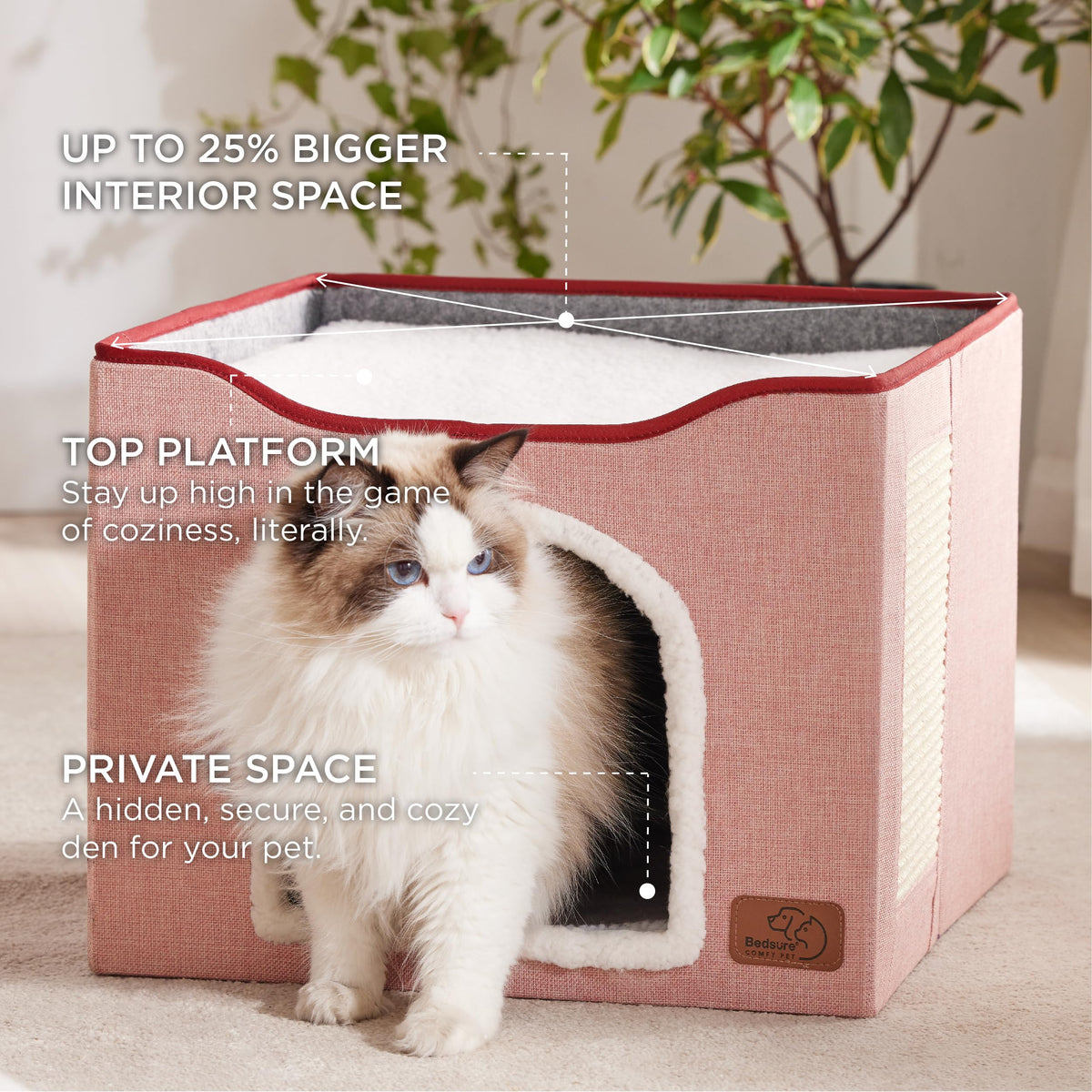 Bedsure Cat House Bed for Indoor Cats with Fluffy Ball and Scratch Pad,Grey