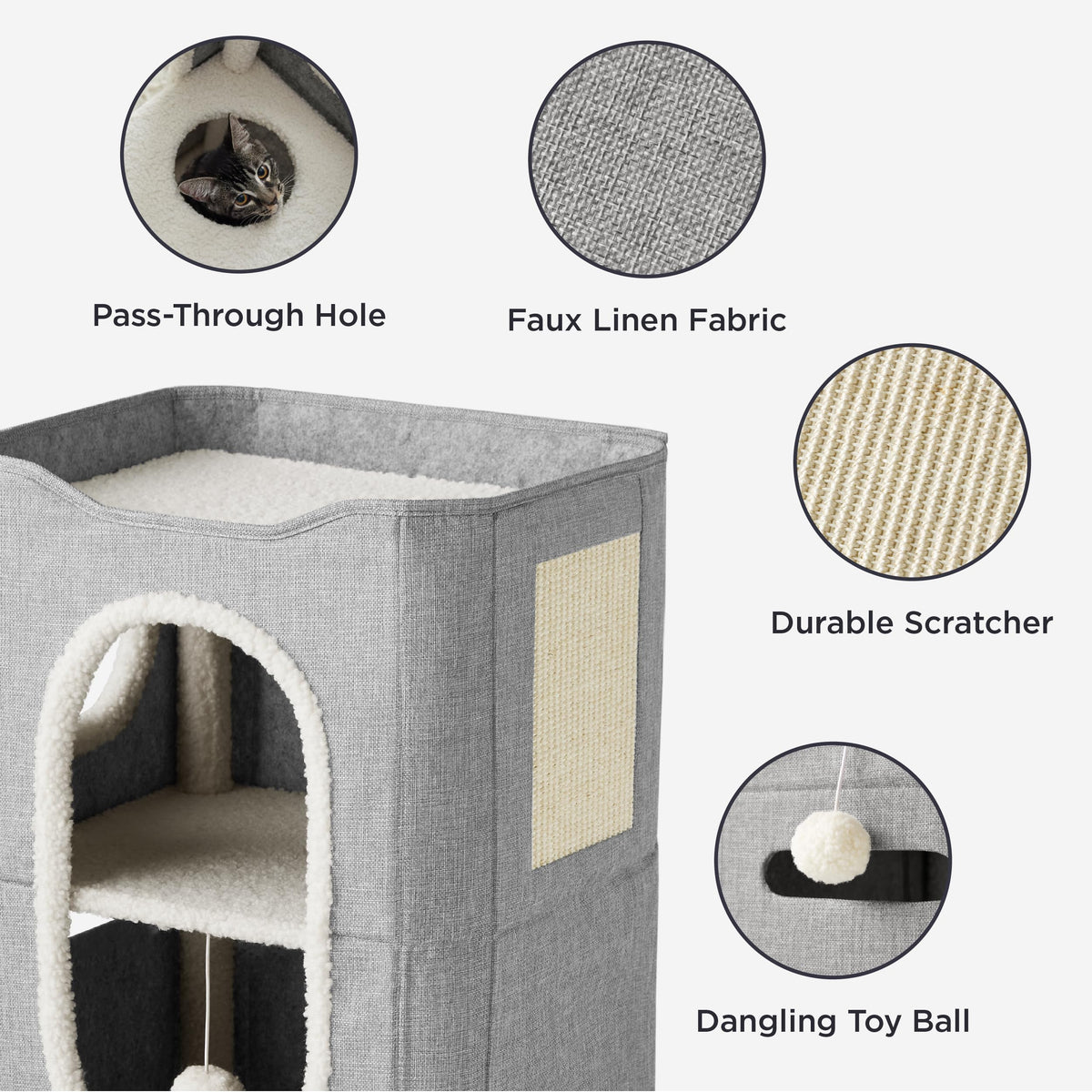Bedsure Cat House Bed for Indoor Cats with Fluffy Ball and Scratch Pad,Grey